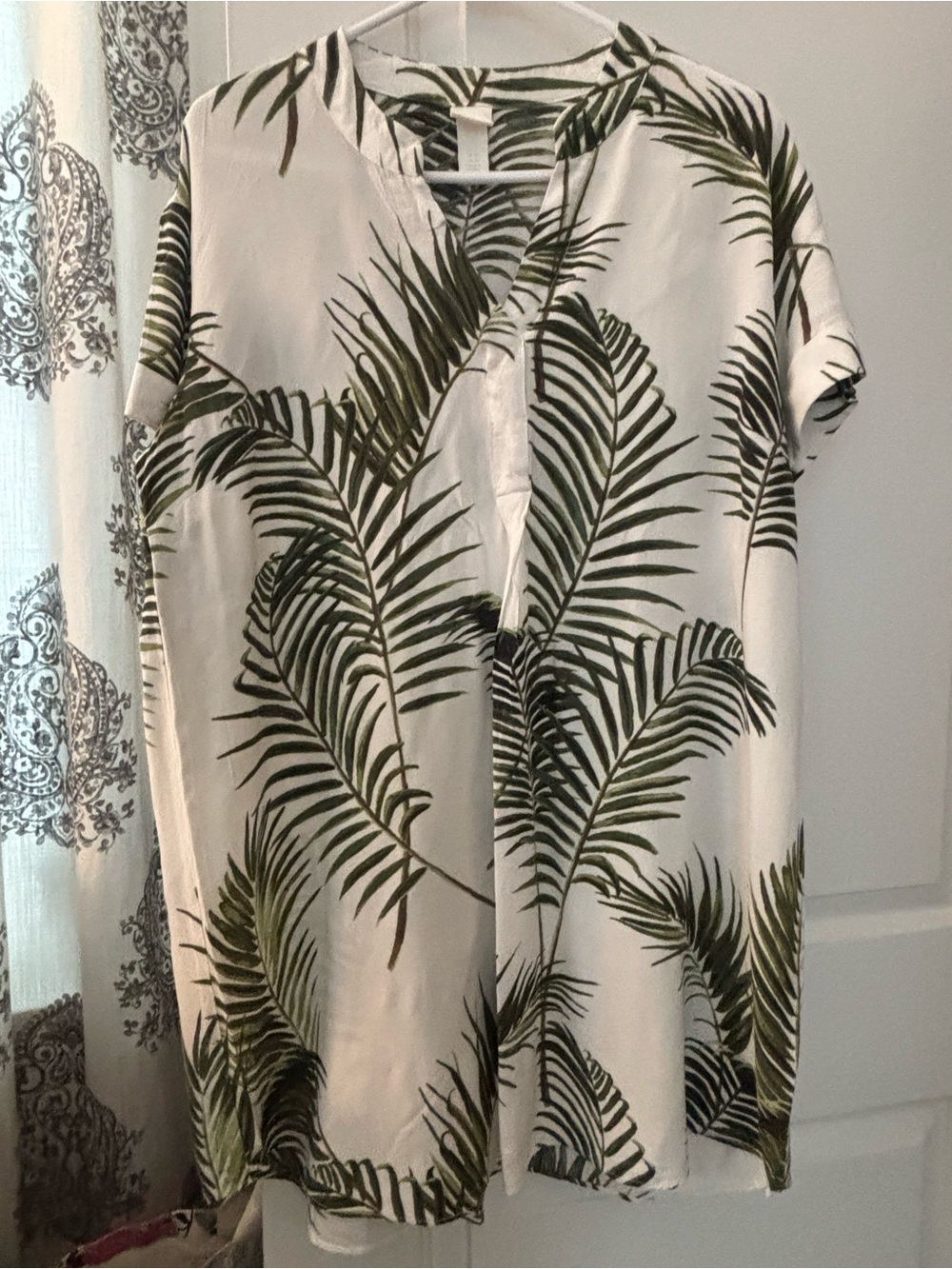 H&M White Shift Dress with Green Palm Print